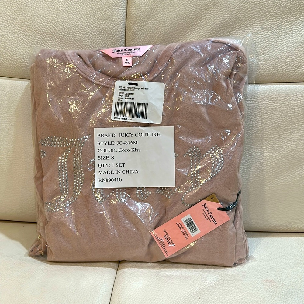 NWT JUICY COUTURE Coco Kiss 2pc Velvet Lounge Top&Pants Set With Rhinestone Logo - Picture 6 of 7